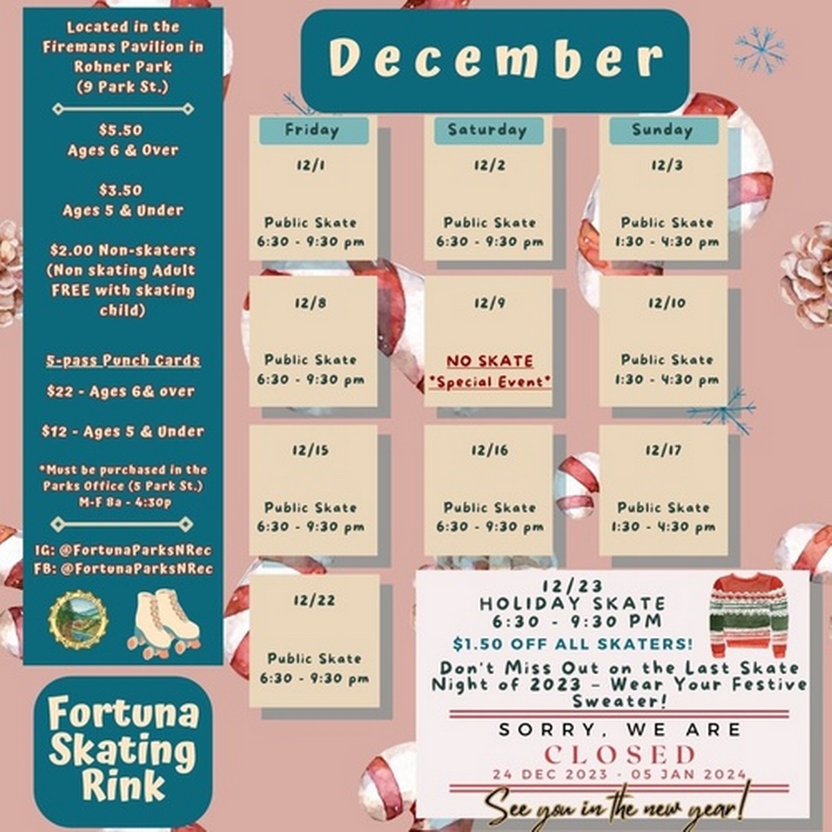 December Skating Schedule Dec 15, 2023 to Dec 16, 2023 — To